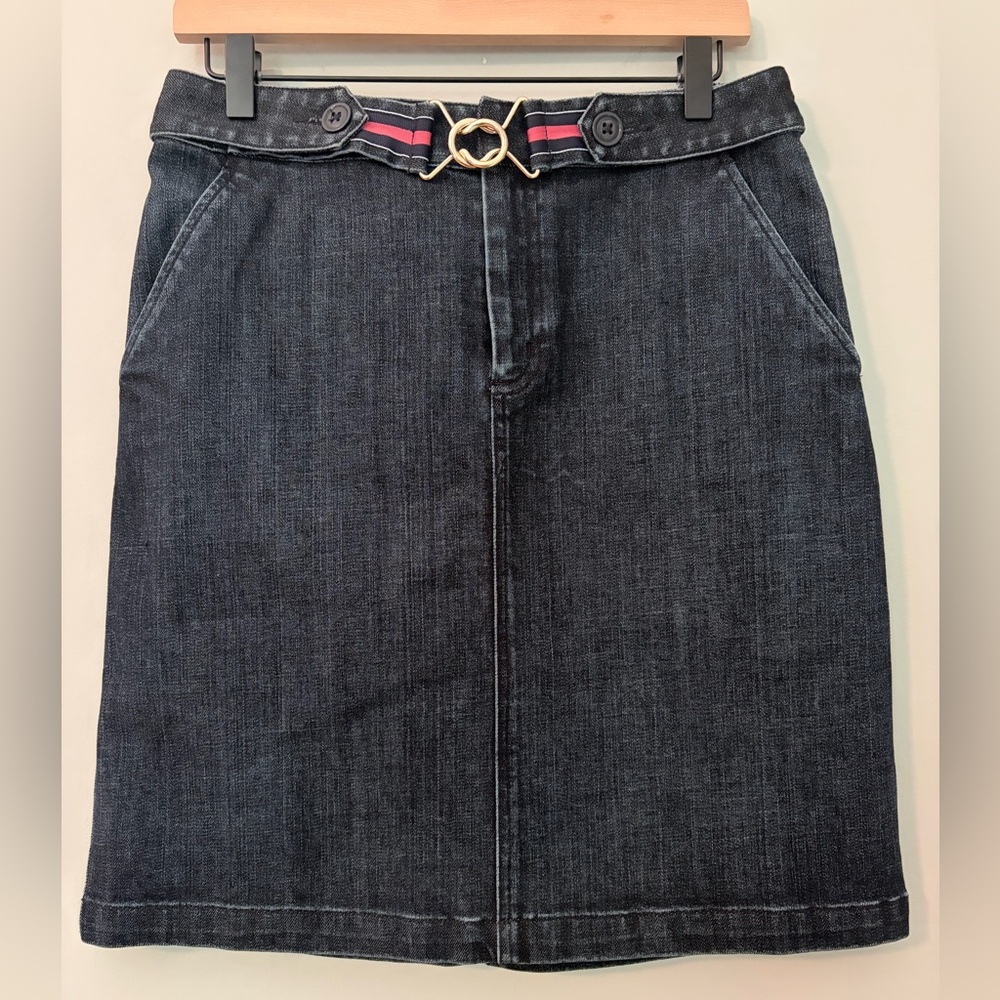 Talbots Dark Wash Denim Stretch Pencil Skirt Size 6 Gold Buckle Belt Accent - Picture 12 of 14